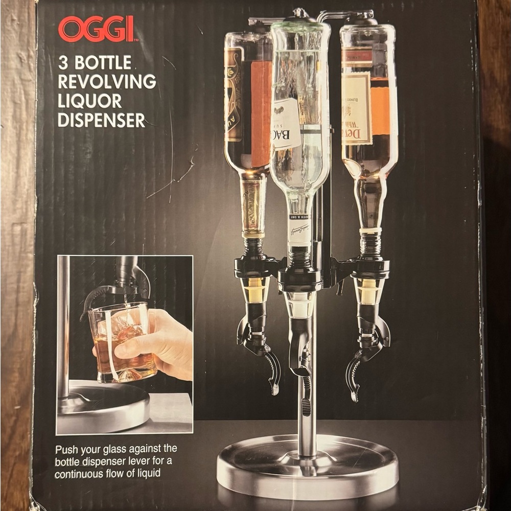 Oggi Black and Silver 3-Bottle Revolving Liquor Dispenser